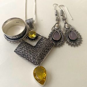 3 piece bundle yellow citrine pendant, silver spin ring and rose quartz earrings